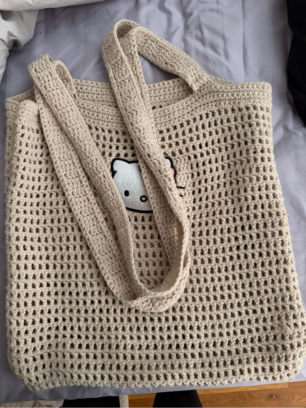 Hello Kitty Beige Crochet Tote with Embroidered Face